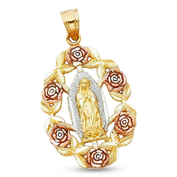 Virgen de Guadalupe Pendant Charm Necklace Real 14K Solid Tricolor Gold Rose 